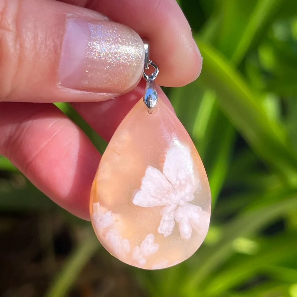 Sterling‎ silver pink butterfly patterm flower agate pendant 0966